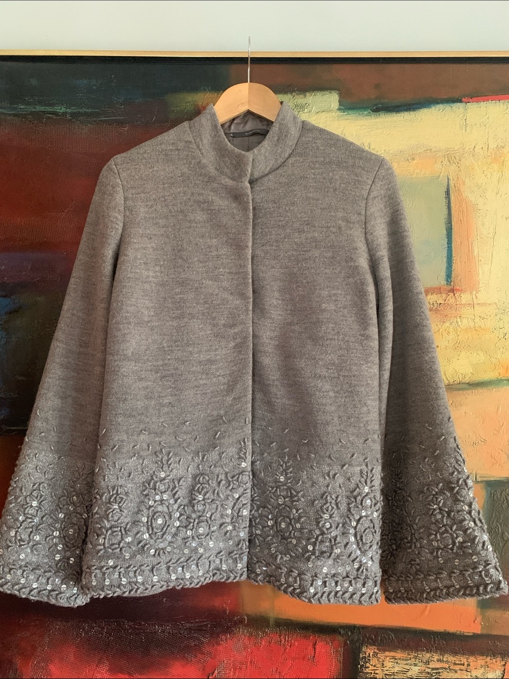 Vintage Liz Claiborne 97% Wool Beaded Sequin Cardigan Jacket Gray S 90s Y2K